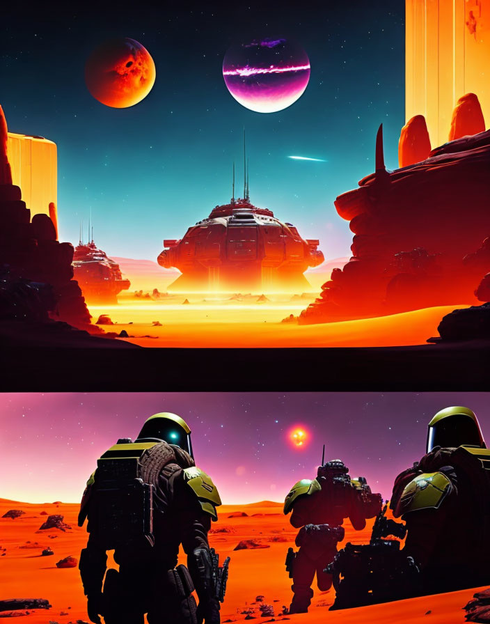 Astronauts viewing vibrant alien landscape with celestial bodies, futuristic buildings, and luminous horizon.