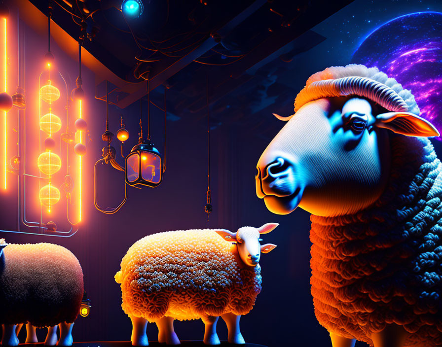 Stylized fluffy sheep in surreal room with neon lights & galaxy background