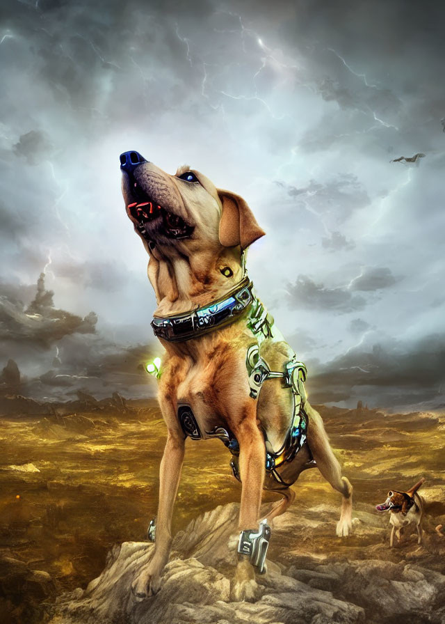 Digital art: Dog with cybernetic body on rocky terrain under dramatic sky