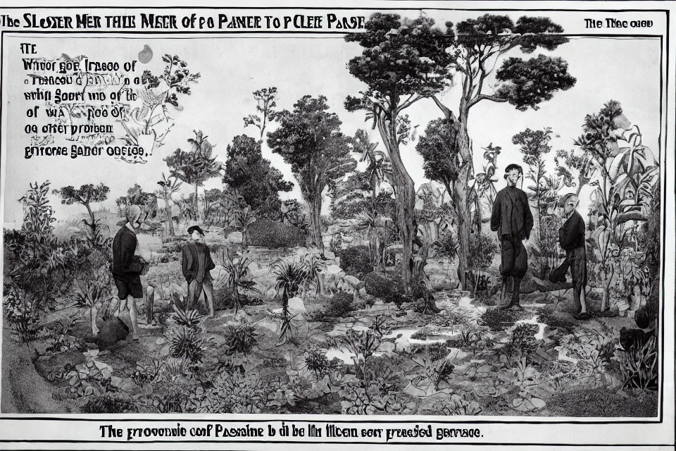 Detailed Black and White Illustration: Men in Vintage Attire Walking Through Lush Forest