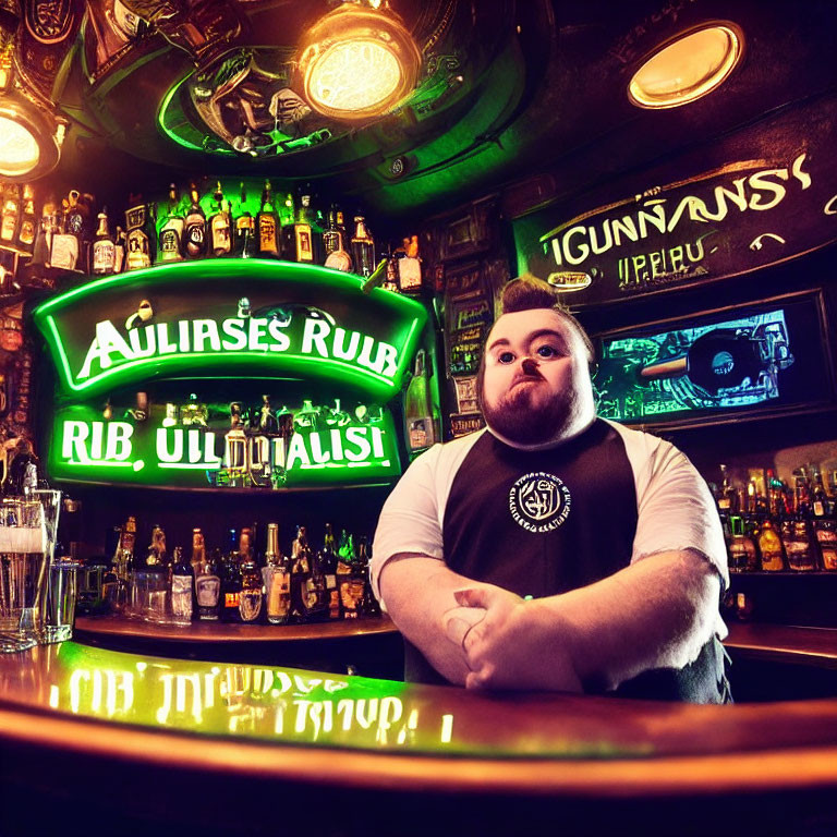 Neon-lit bar with well-stocked shelves and bartender.