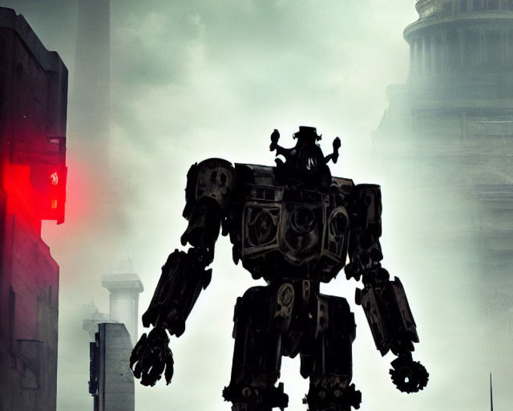 Giant robot in city with Washington Monument and Capitol Building, red glow.