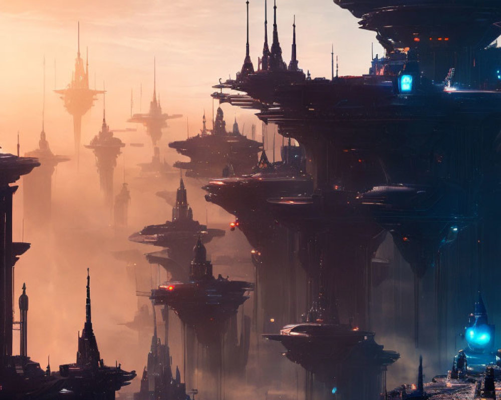 Futuristic cityscape with towering spires and floating structures at sunset or sunrise