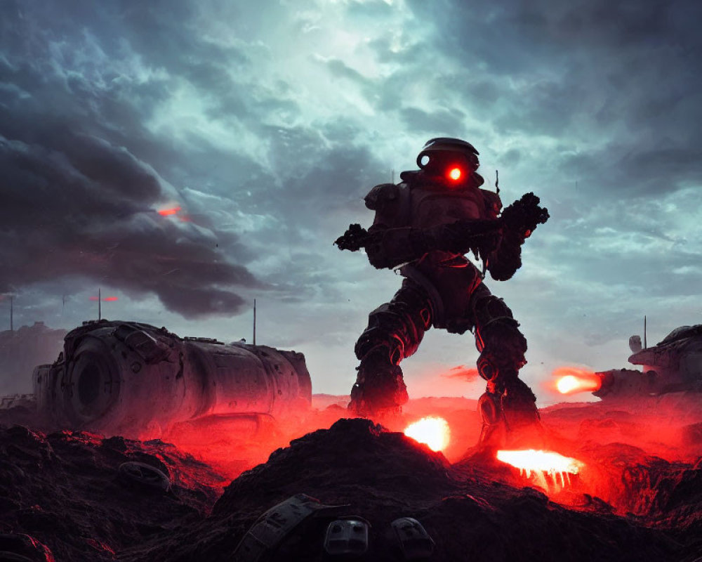 Robotic figure in fiery landscape under stormy sky