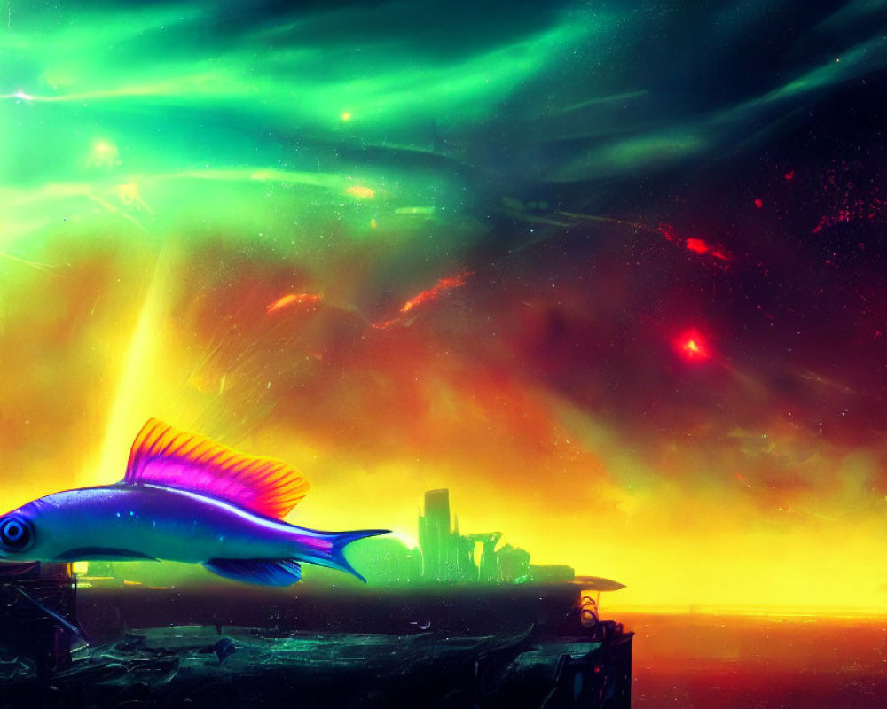 Neon-colored fish in futuristic cityscape under green aurora sky