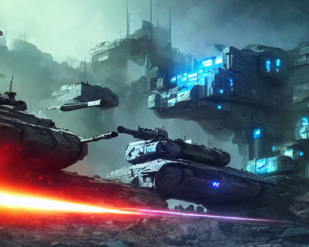 Armored vehicles with neon highlights in post-apocalyptic combat