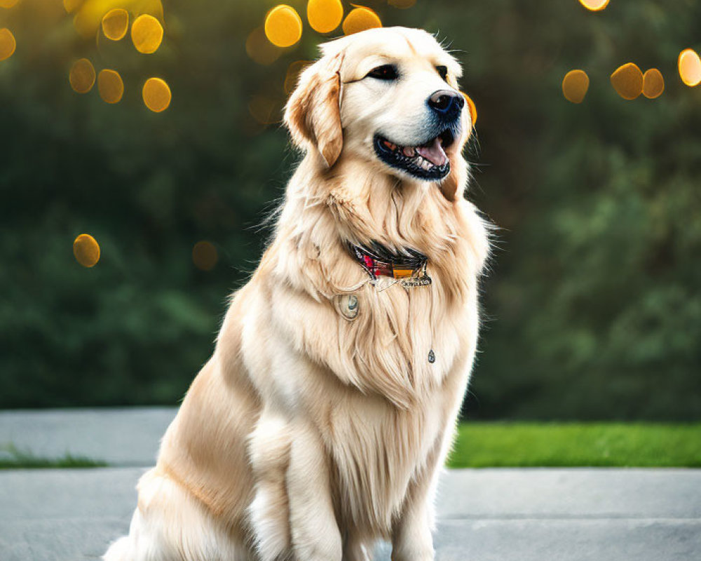 Golden retriever sitting on pavement with lush coat and perked ears in front of blurred greenery and