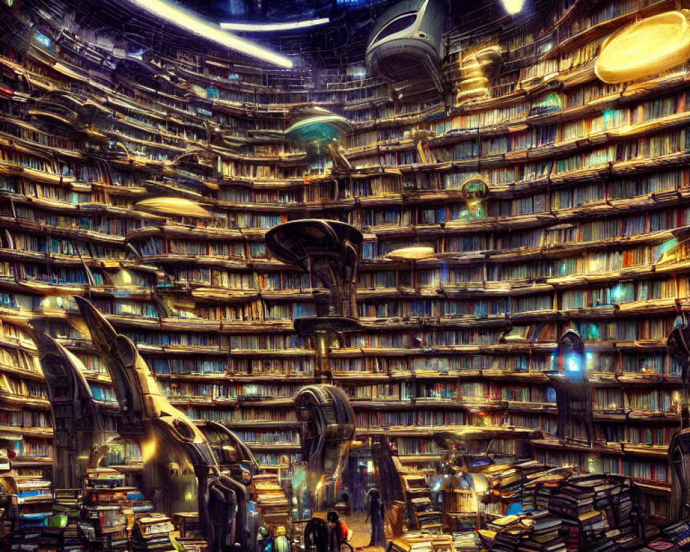 Futuristic circular library with towering shelves, books, spaceships, and people amid glowing lights