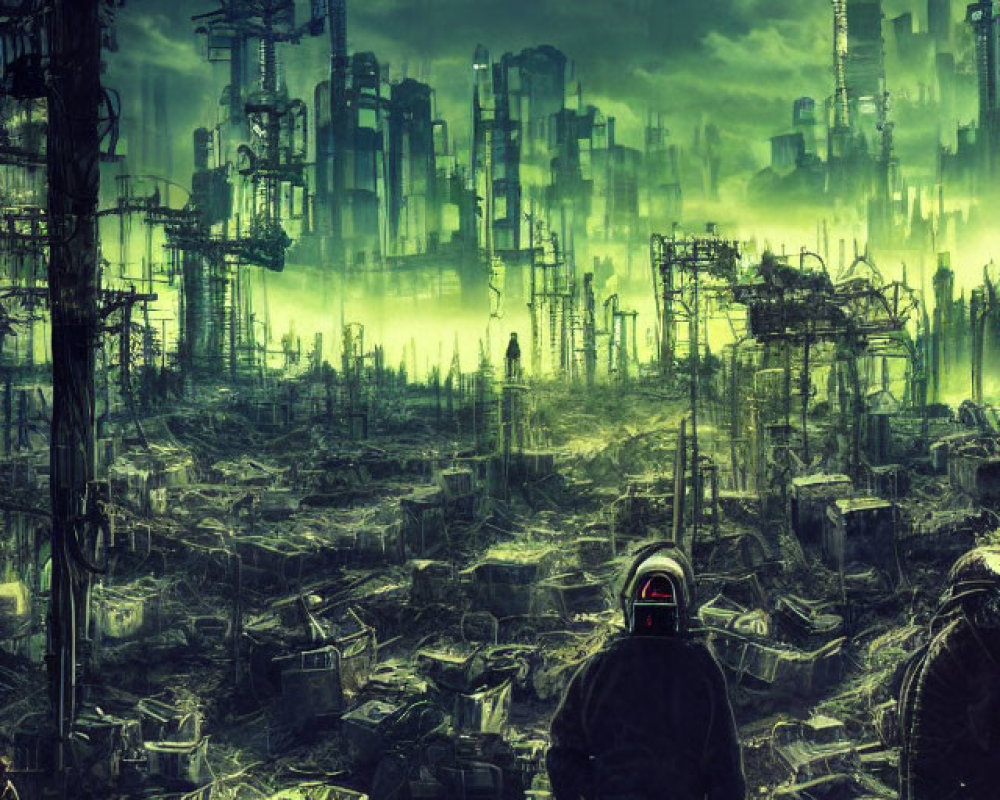 Figure in spacesuit walks in dystopian cityscape under green sky