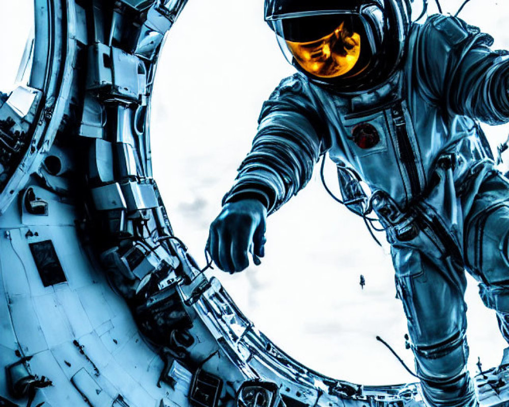 Astronaut at Circular Spacecraft Hatch in Blue Sky