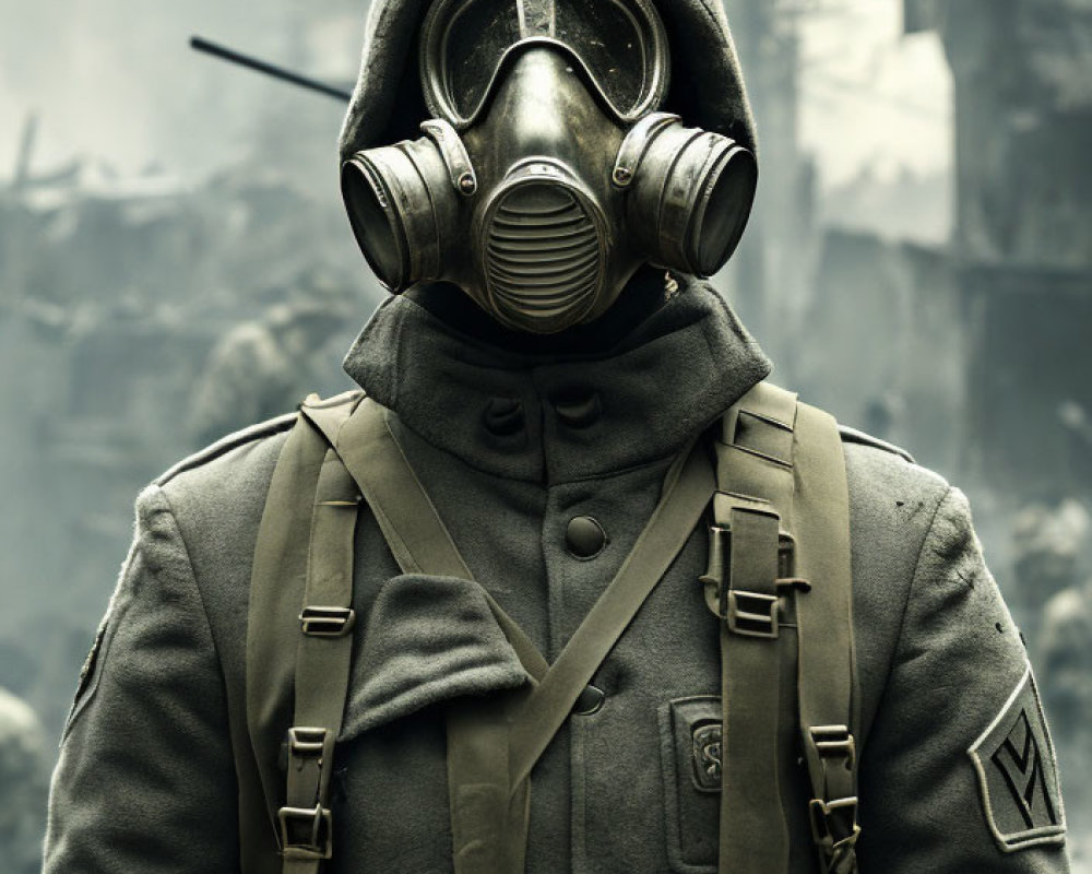 Person in Gas Mask with Dark Visor in Military Uniform Amid Smoky Ruins