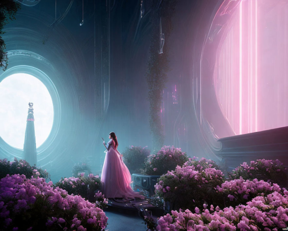 Woman in pink dress surrounded by vibrant flowers and futuristic cityscape.