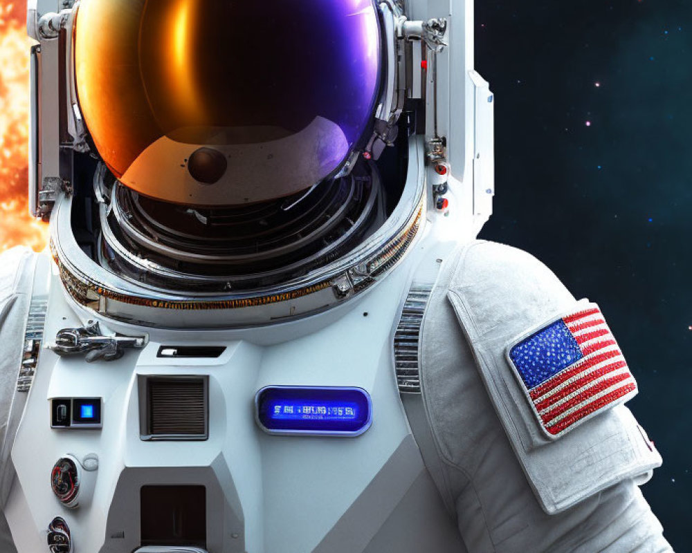 Detailed white spacesuit with gold visor in starry space scene