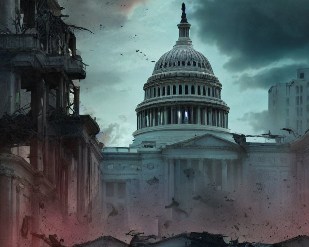 Dystopian US Capitol under dark clouds and ruined buildings