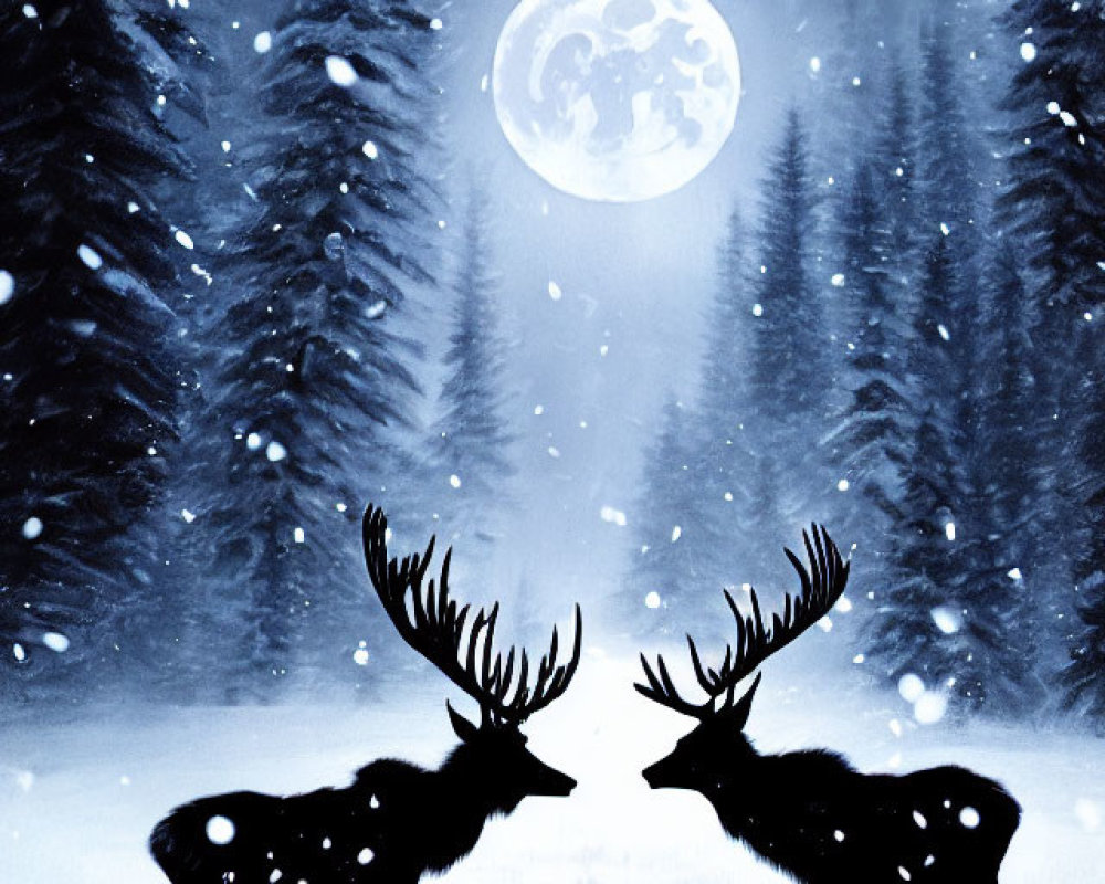 Silhouetted deer in snowy forest under full moon