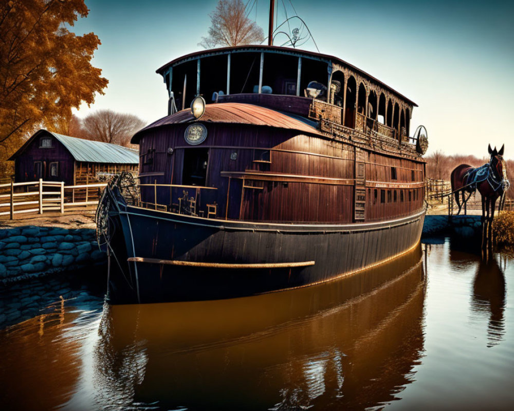 Vintage paddle steamer by riverbank near rustic barn with horse at sunset.