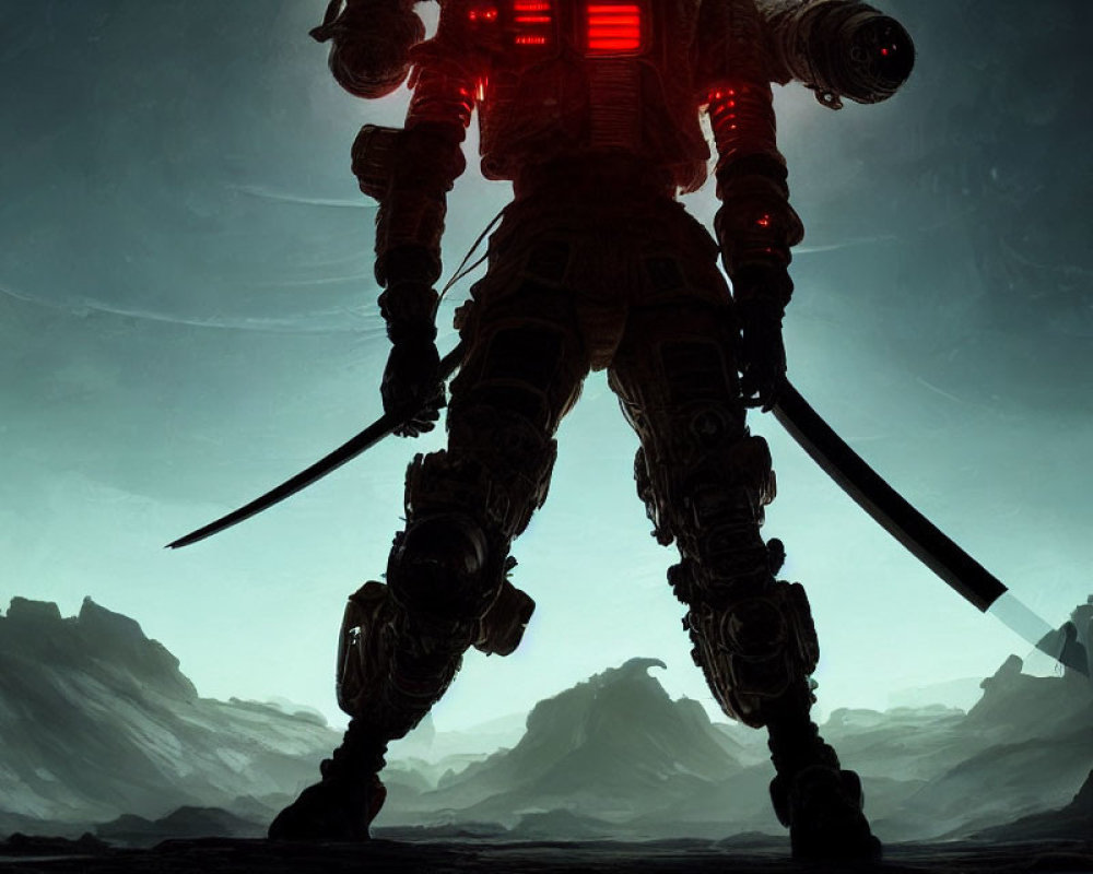 Giant robot with red lights and swords in dark mountain landscape