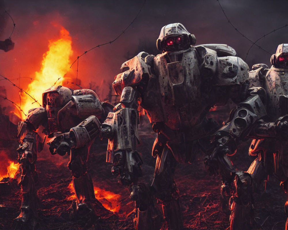 Three battle-scarred robots with glowing red eyes in apocalyptic setting