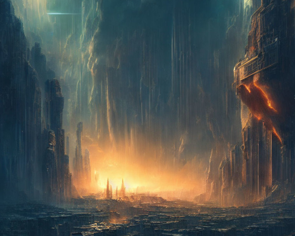 Futuristic cityscape in torrential rain with glowing skyscrapers under dark clouds