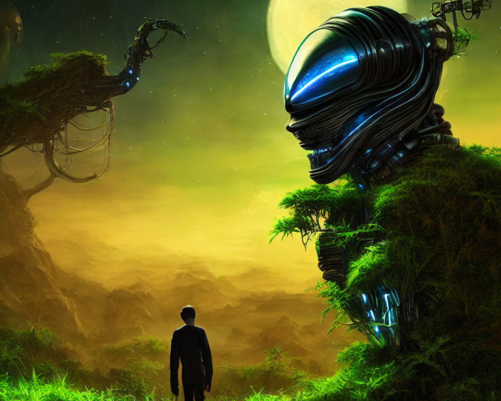 Massive helmeted alien head in lush green landscape with eerie lights and industrial elements under large moon