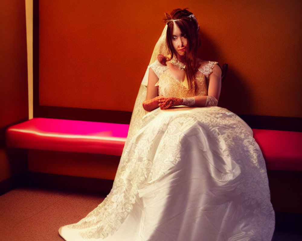 Bride in white dress sitting in diner with colorful murals