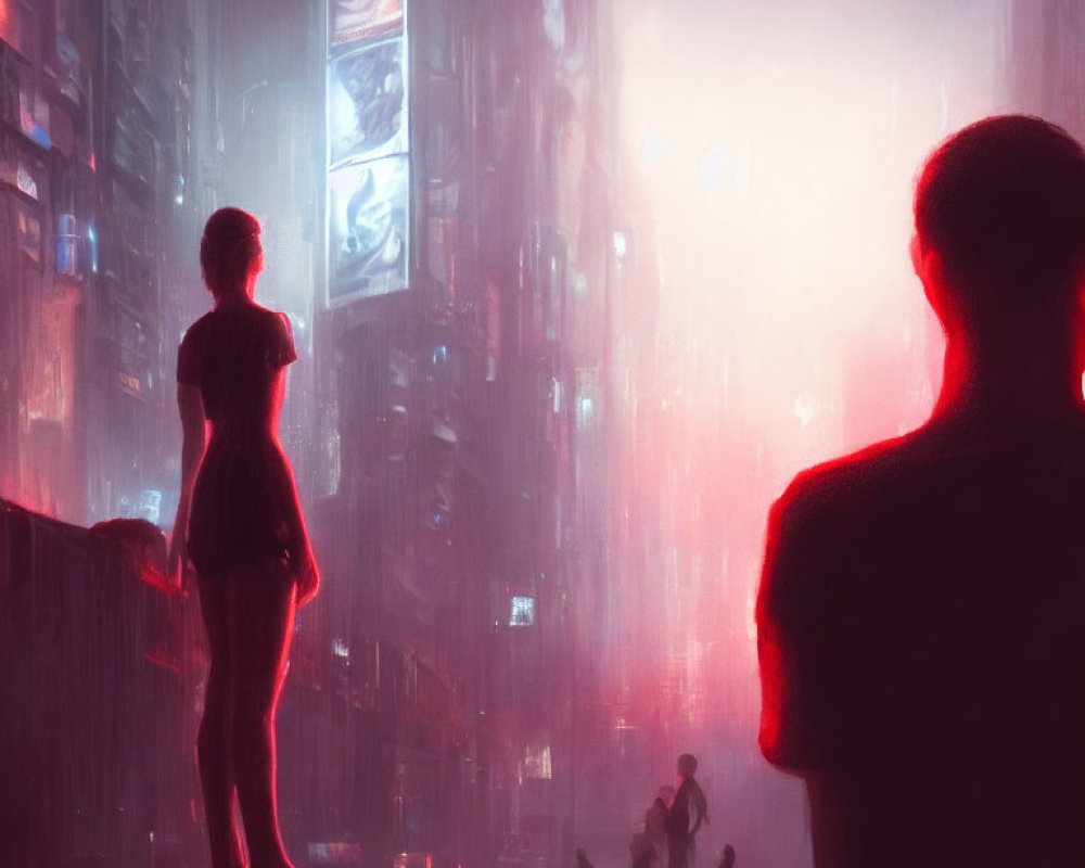 Futuristic cityscape at night with neon lights and silhouettes of figures.