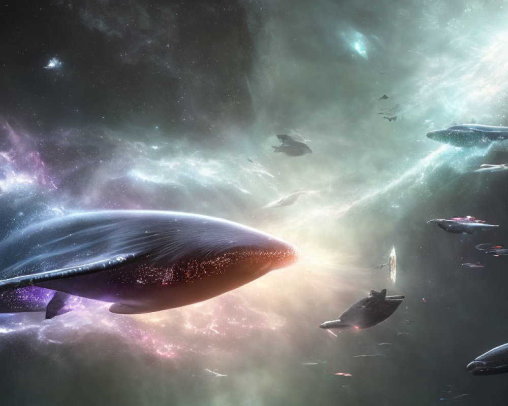 Whales and starships in surreal cosmic scene