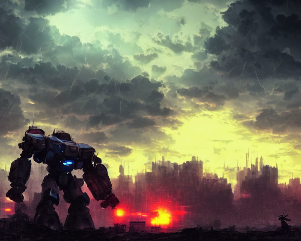 Giant robot in dystopian cityscape amid stormy sky and fiery explosions