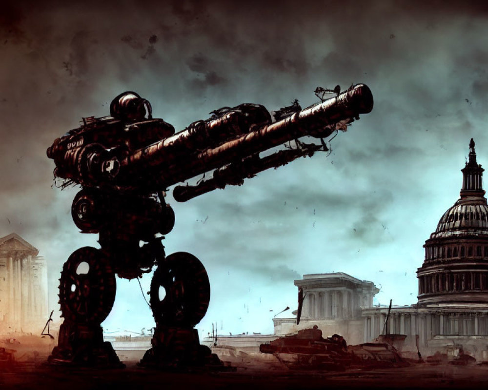 Giant two-legged war machine in dystopian cityscape