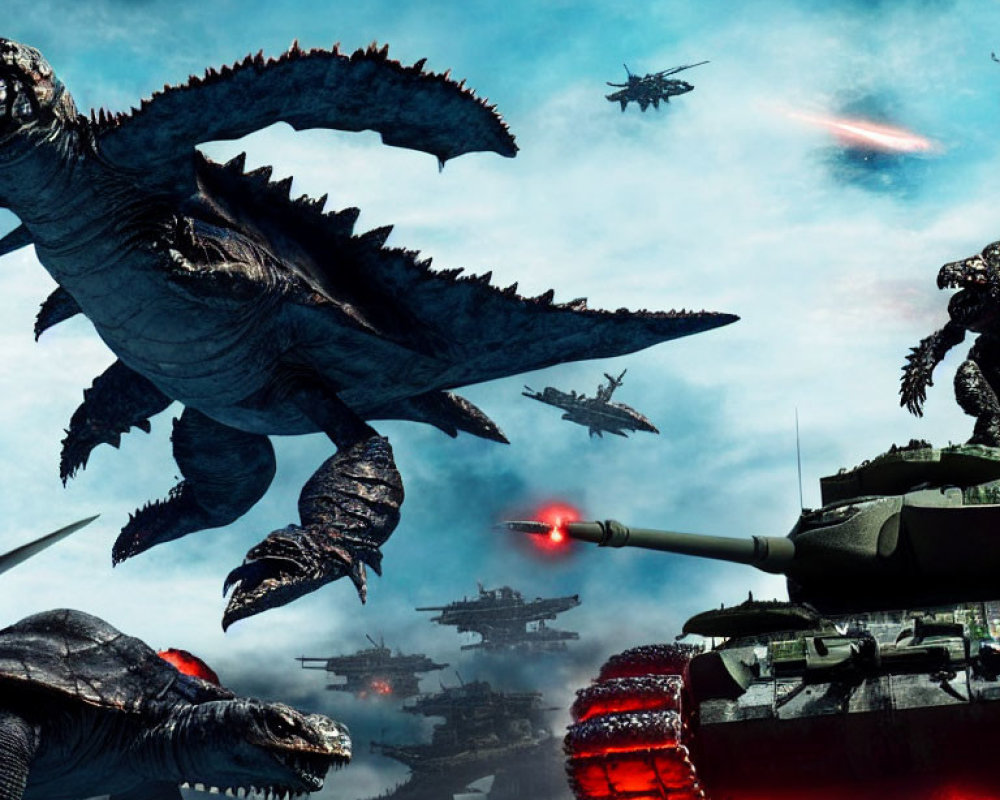 Gigantic monsters battle tanks and helicopters under surreal sky