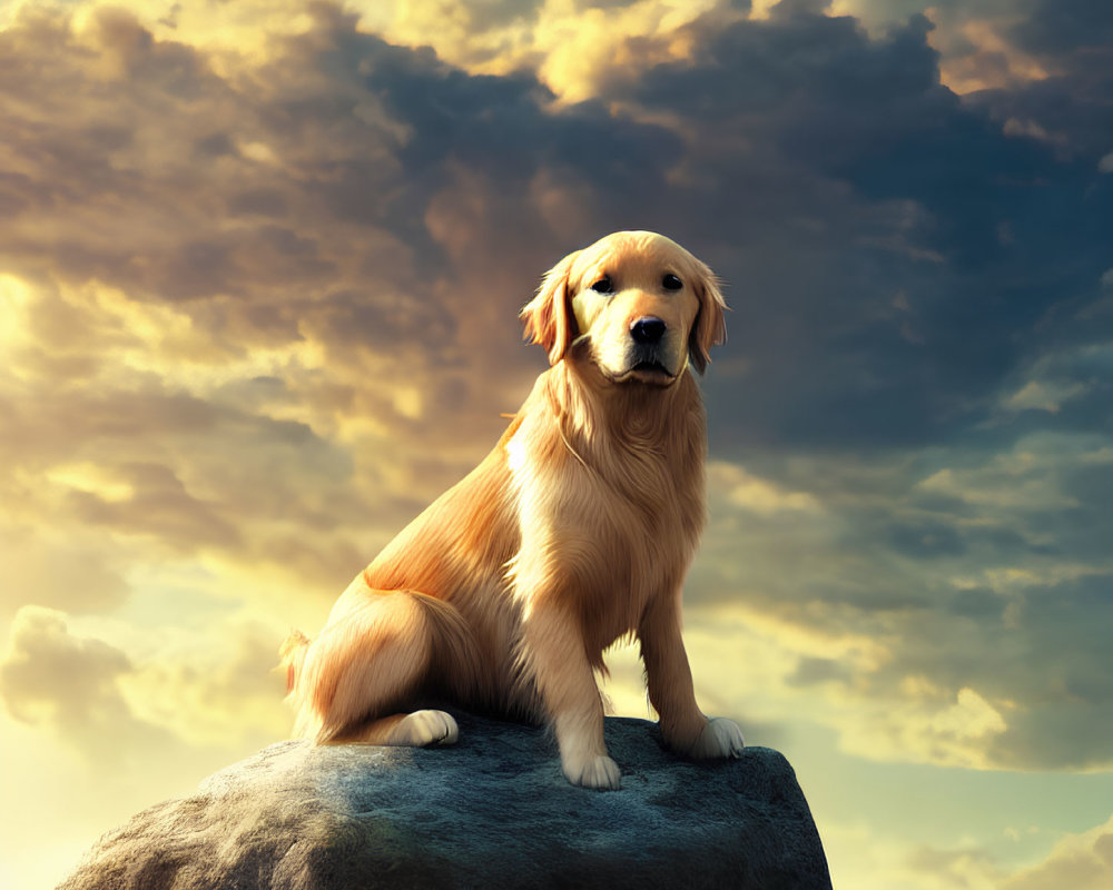 Golden Retriever Sitting on Rock Under Dramatic Sky