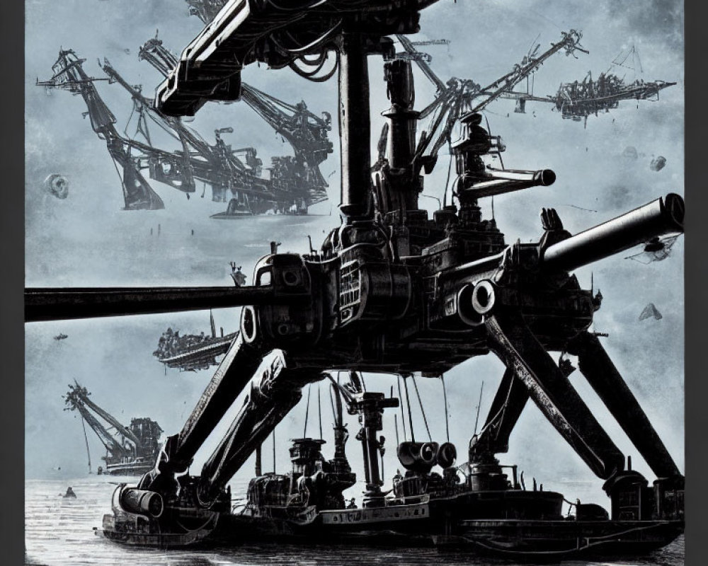 Dystopian scene with towering tripod structures and heavy artillery against dark skies