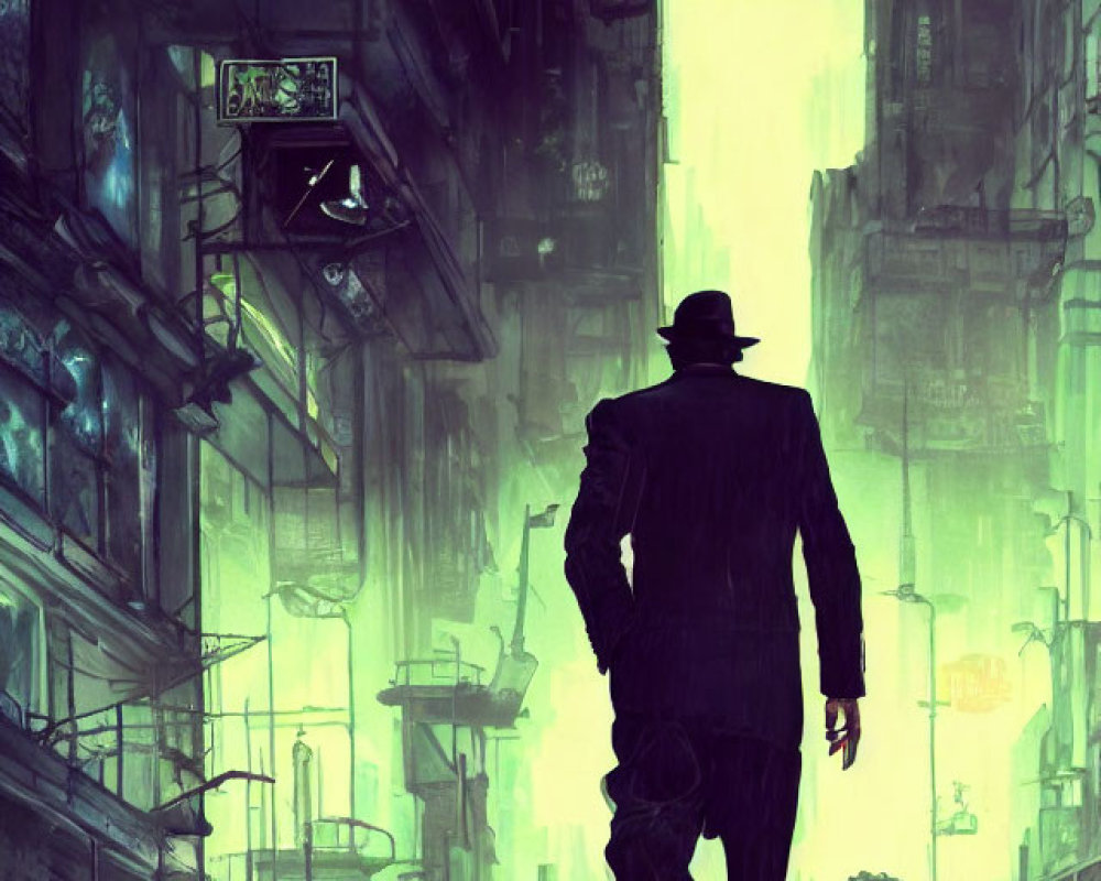 Silhouette of person in fedora walking towards green light in dystopian cityscape