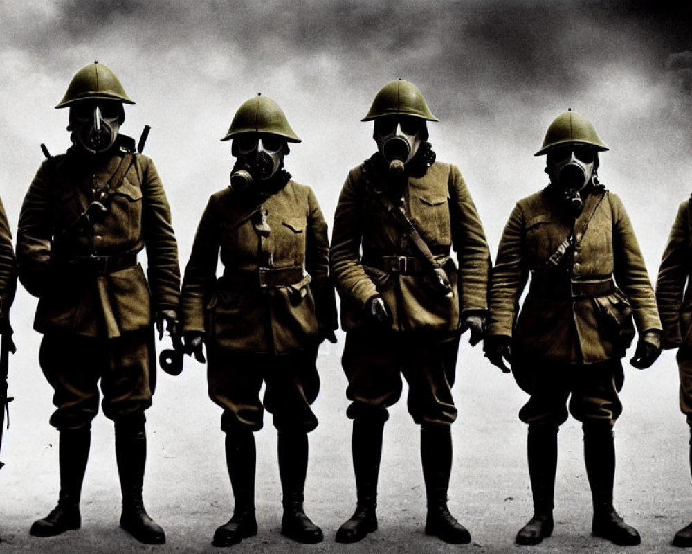 Soldiers in World War I uniforms and gas masks against cloudy backdrop