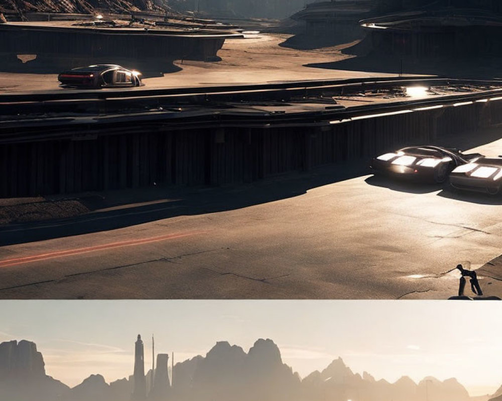 Futuristic vehicles on desert freeway with rock formations and solitary figure