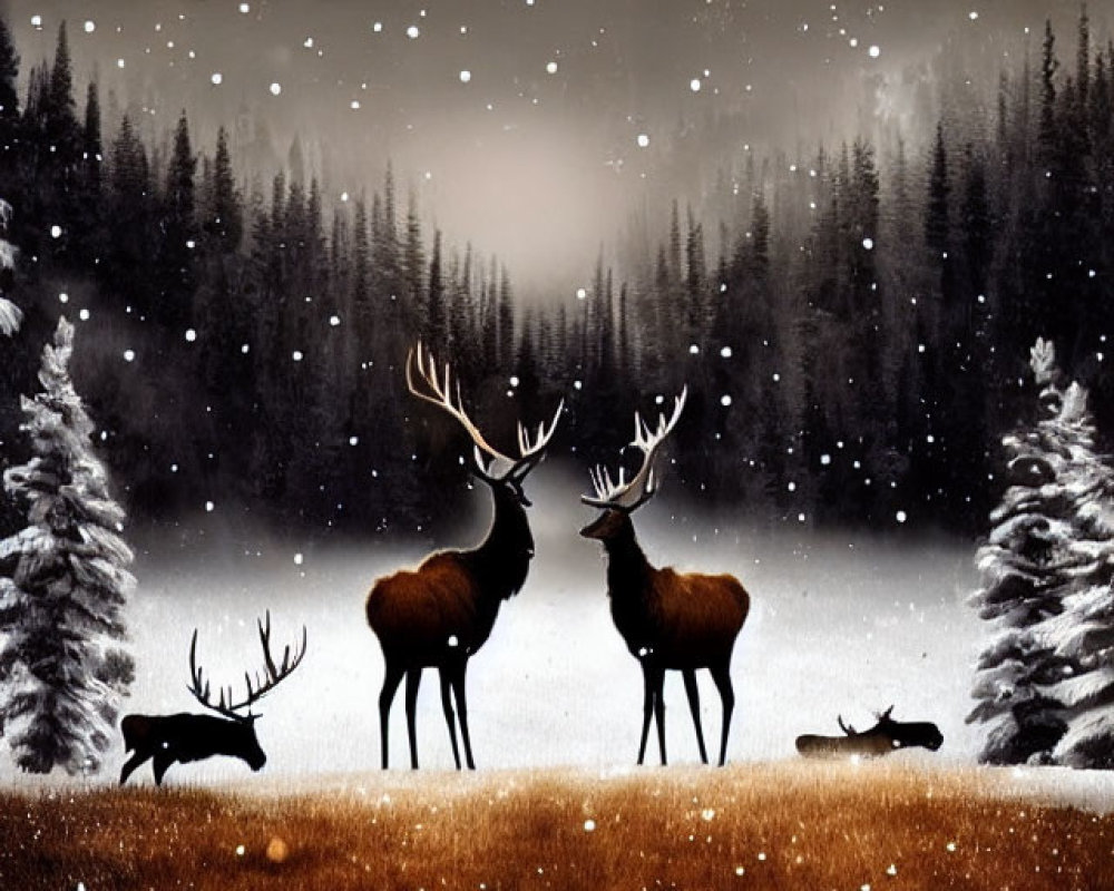 Two deer in snowy forest under full moon & falling snowflakes