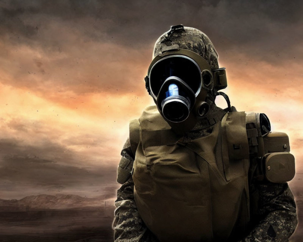 Soldier in combat gear with gas mask on smoky battlefield.