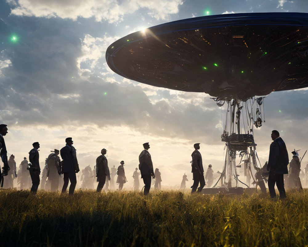 Group of people observing large UFO in field with extended landing gear