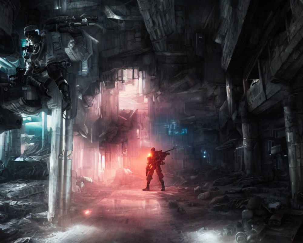 Futuristic soldier in red-lit urban setting with advanced exoskeleton suits