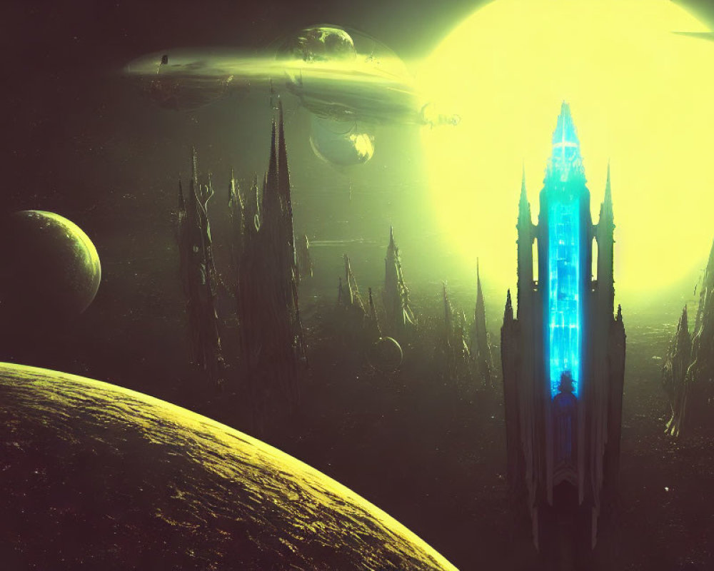 Sci-fi scene with spaceships, celestial bodies, and alien architecture under a bright star