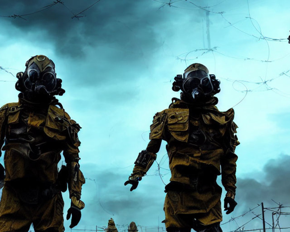 Three people in hazmat suits in post-apocalyptic setting