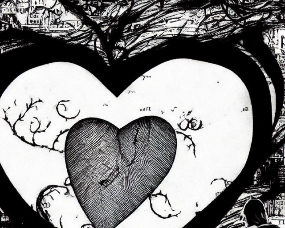 Monochrome heart-shaped cityscape illustration with figure