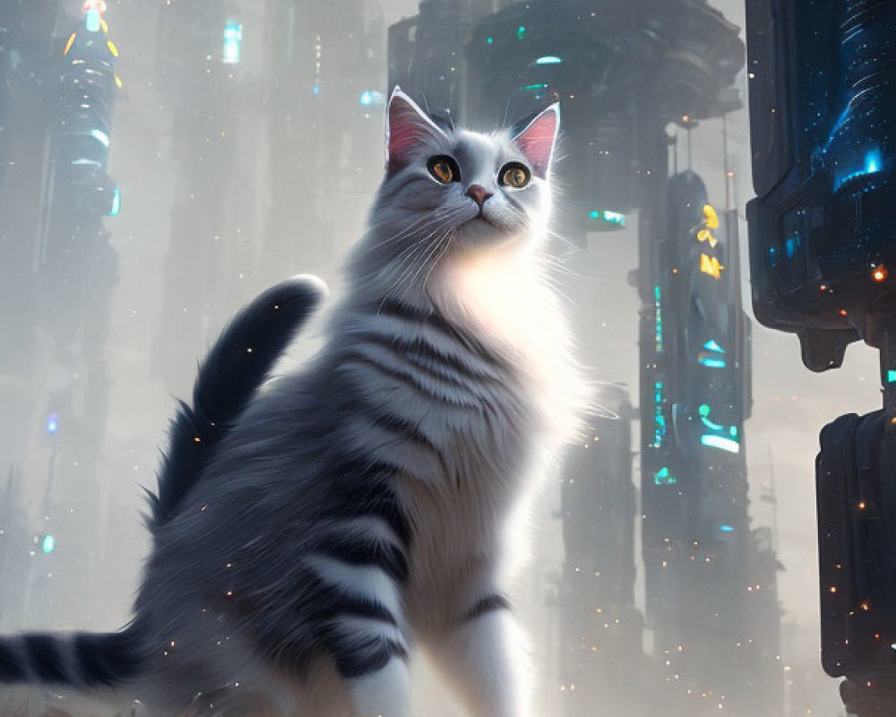 Fluffy Gray and White Cat in Vibrant Field with Futuristic Cityscape