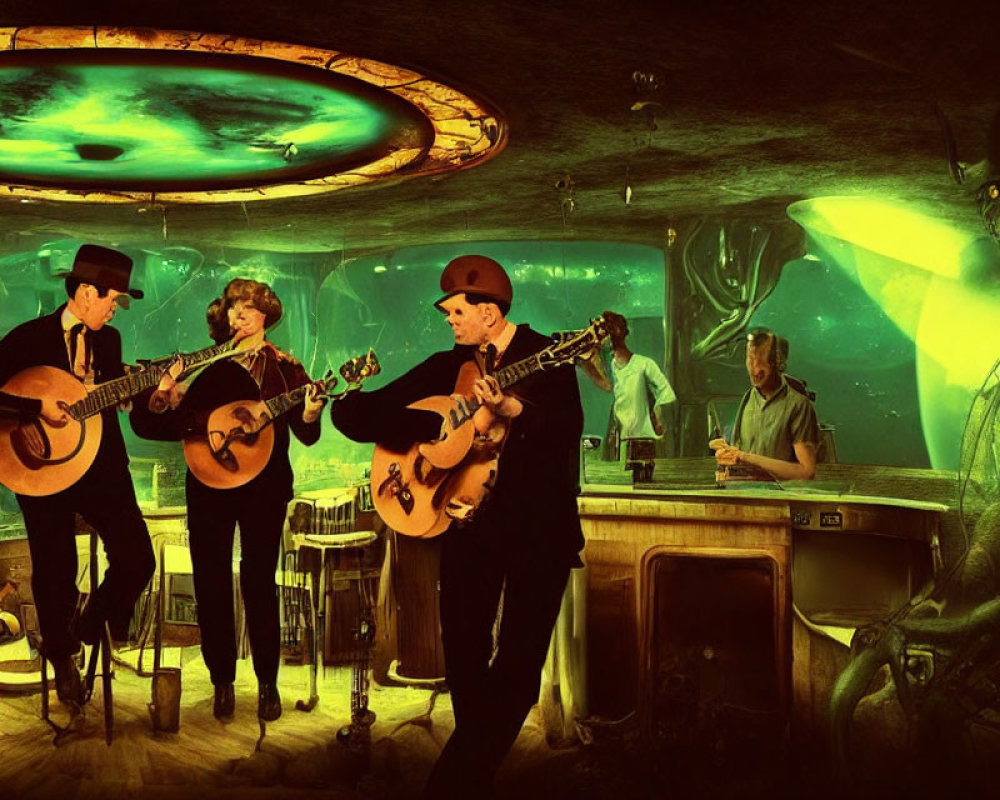 Alien bar scene with band playing guitars