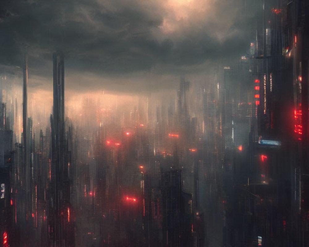 Dark Dystopian Cityscape with Towering Skyscrapers and Red Lights