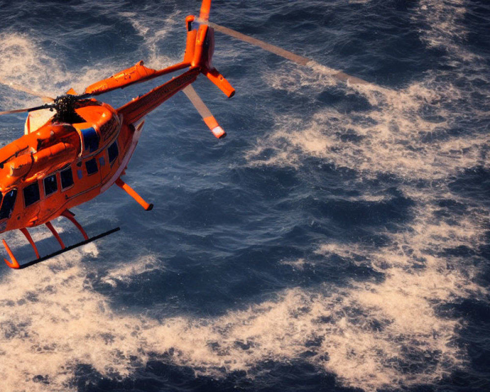 Orange Helicopter Flying Over Choppy Blue Sea Waters