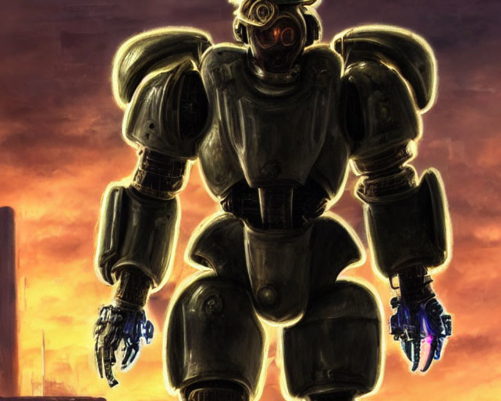 Gigantic robot in dystopian wasteland with dark skies