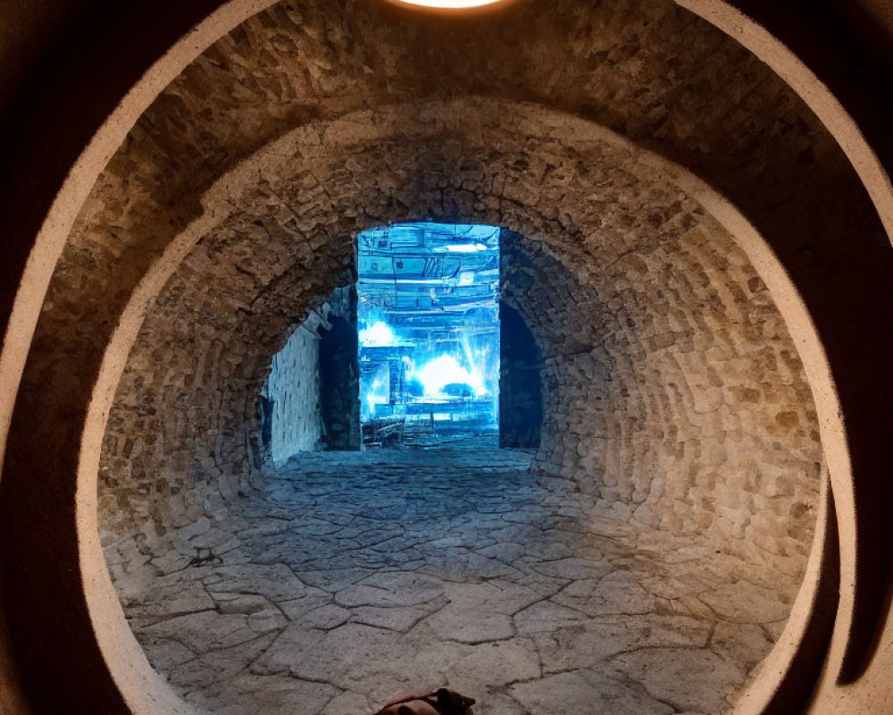 Circular Stone Tunnel with Illuminated Blue Archway and Silhouette Person