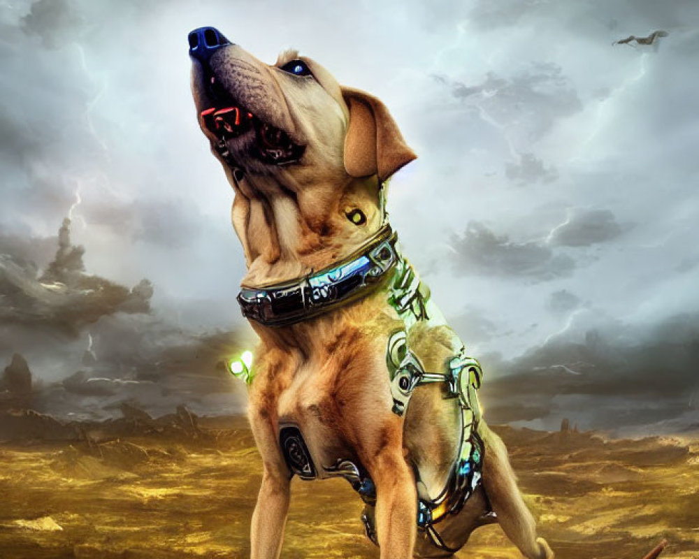 Digital art: Dog with cybernetic body on rocky terrain under dramatic sky