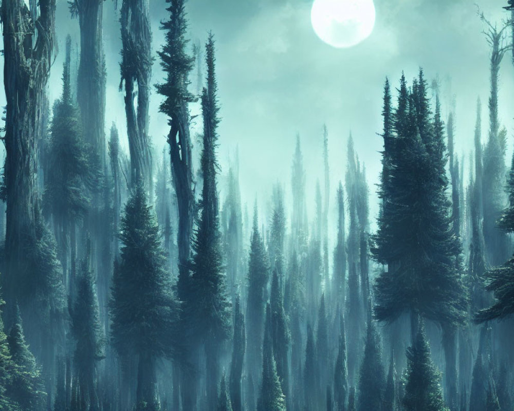 Majestic misty forest under pale moon